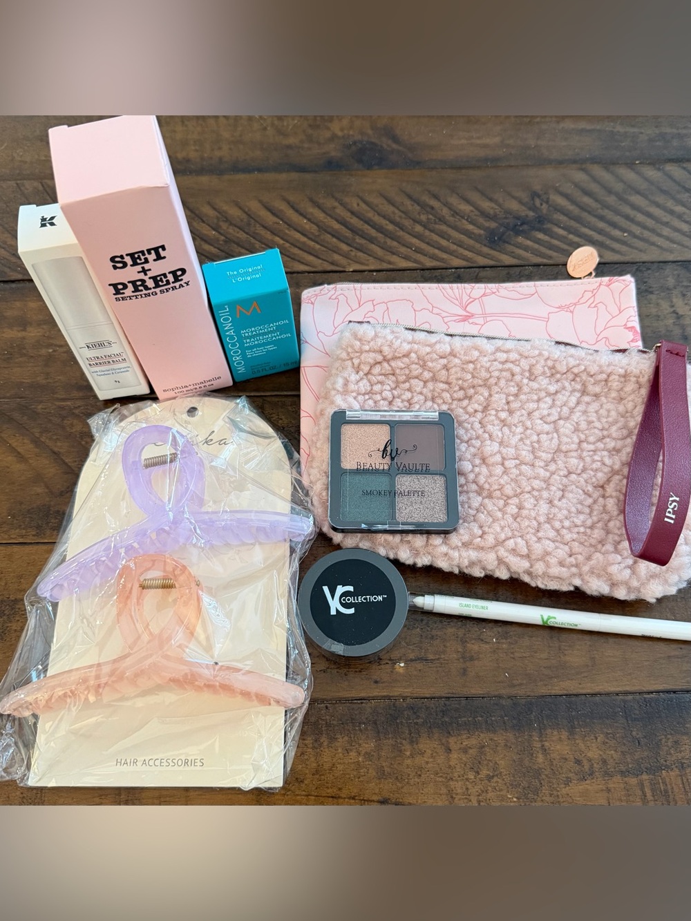 Ipsy Pink Sherpa Makeup Bag with Matching Pouch and assorted products